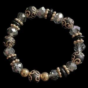 Elegant Black and Gold Beaded Bracelet 6” before stretch